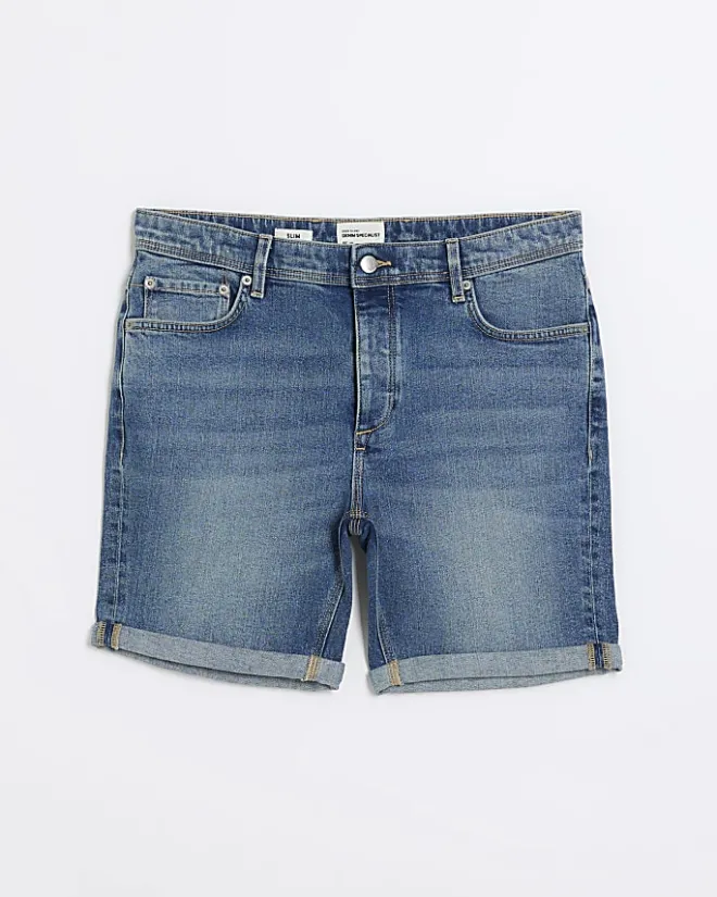 River Island slim fit faded denim shorts Blue Clearance