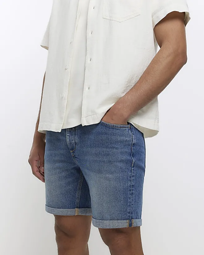 River Island slim fit faded denim shorts Blue Clearance