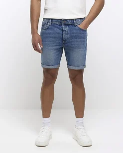 River Island slim fit faded denim shorts Blue Clearance