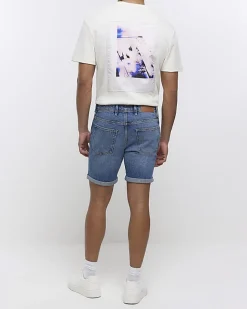River Island slim fit faded denim shorts Blue Clearance