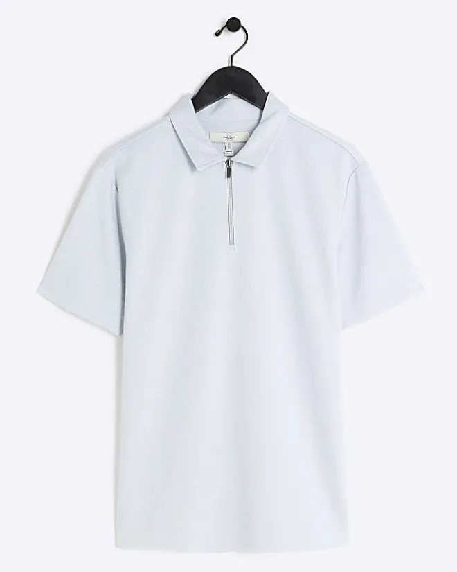River Island slim fit herringbone zip polo shirt Blue Sale