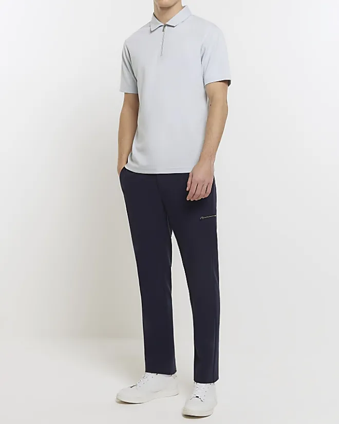 River Island slim fit herringbone zip polo shirt Blue Sale