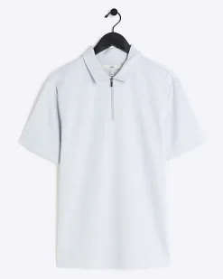River Island slim fit herringbone zip polo shirt Blue Sale
