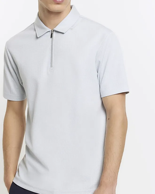 River Island slim fit herringbone zip polo shirt Blue Sale