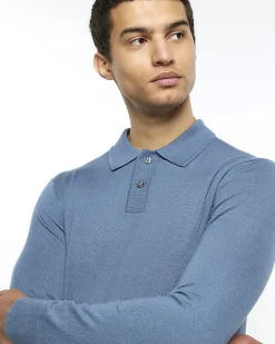 River Island slim fit knitted long sleeve polo Blue New
