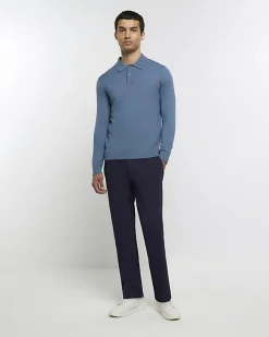 River Island slim fit knitted long sleeve polo Blue New