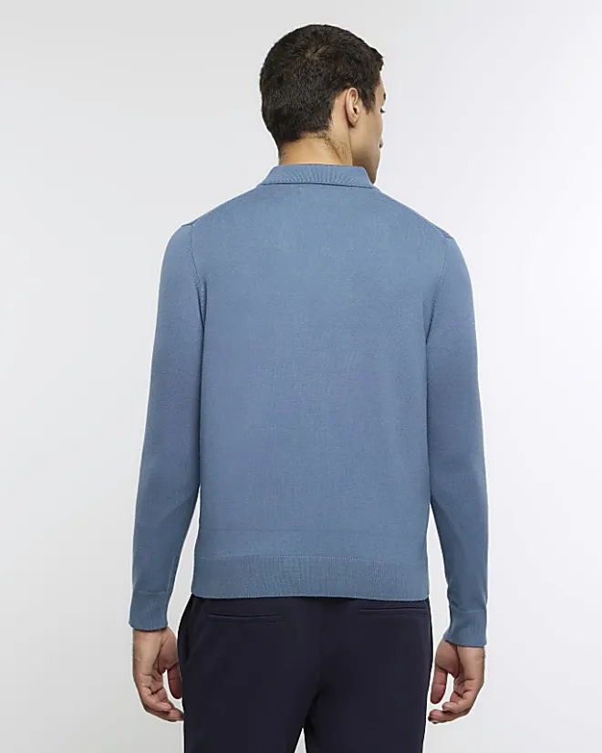 River Island slim fit knitted long sleeve polo Blue New