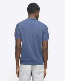 River Island slim fit textured knit t-shirt Blue Clearance