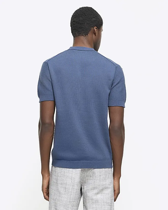 River Island slim fit textured knit t-shirt Blue Clearance