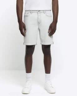 River Island slim fit turned hem denim shorts Blue Online
