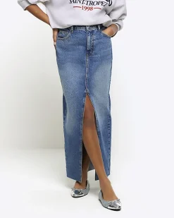 River Island split hem denim maxi skirt Blue Best