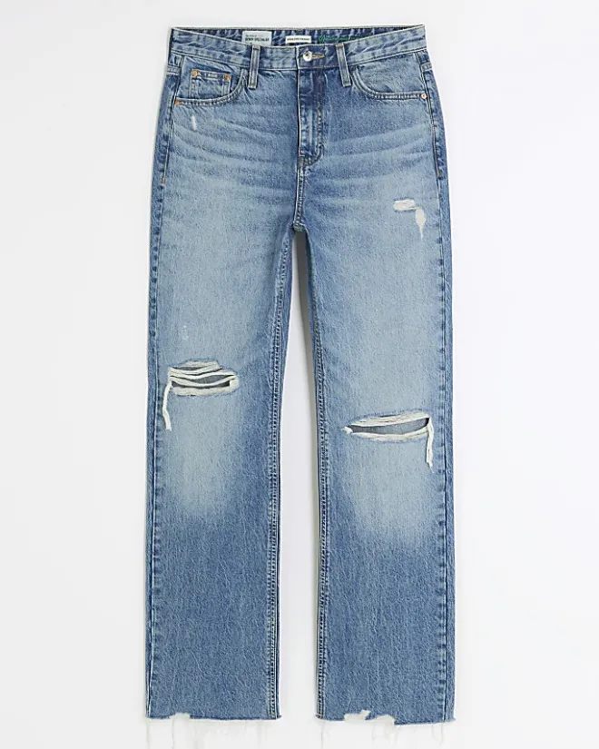 River Island stove pipe straight ripped jeans Blue Clearance