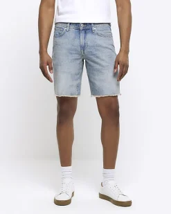 River Island straight fit raw hem denim shorts Blue Clearance