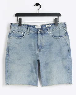 River Island straight fit raw hem denim shorts Blue Clearance