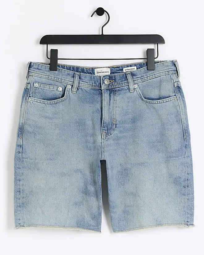 River Island straight fit raw hem denim shorts Blue Clearance