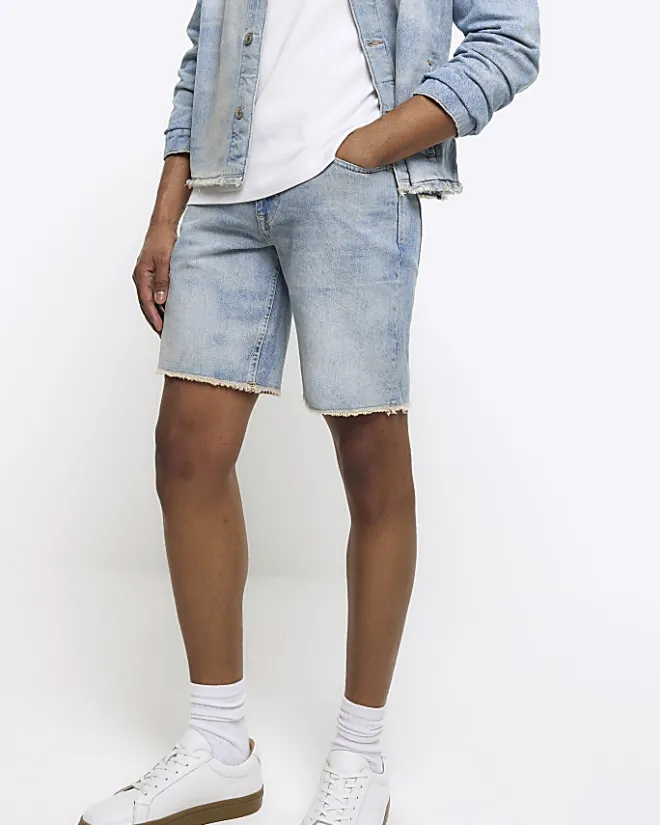 River Island straight fit raw hem denim shorts Blue Clearance