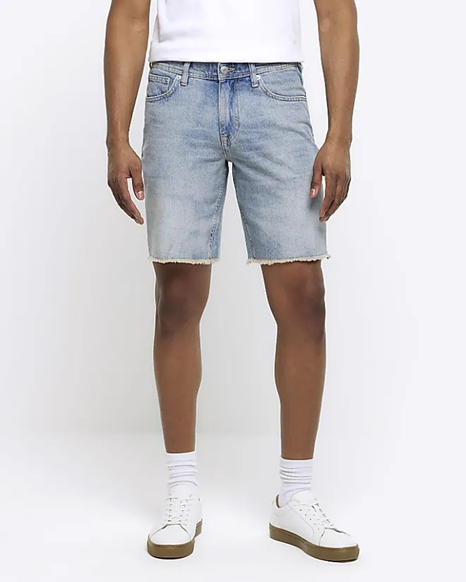 River Island straight fit raw hem denim shorts Blue Clearance
