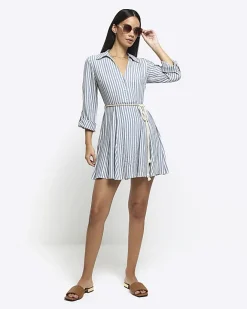 River Island stripe tie waist mini shirt dress Blue Sale