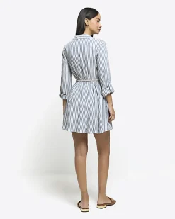River Island stripe tie waist mini shirt dress Blue Sale