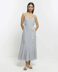 River Island stripe tie waist slip midi dress Blue Sale