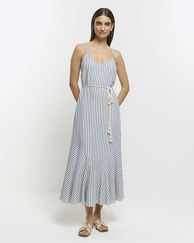 River Island stripe tie waist slip midi dress Blue Sale
