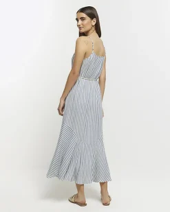River Island stripe tie waist slip midi dress Blue Sale