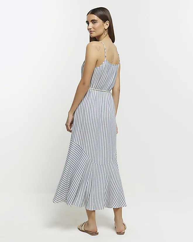 River Island stripe tie waist slip midi dress Blue Sale