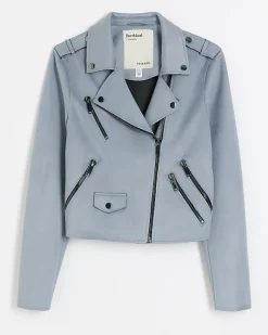 River Island suedette crop biker jacket Blue Fashion