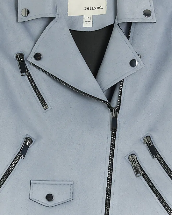 River Island suedette crop biker jacket Blue Fashion