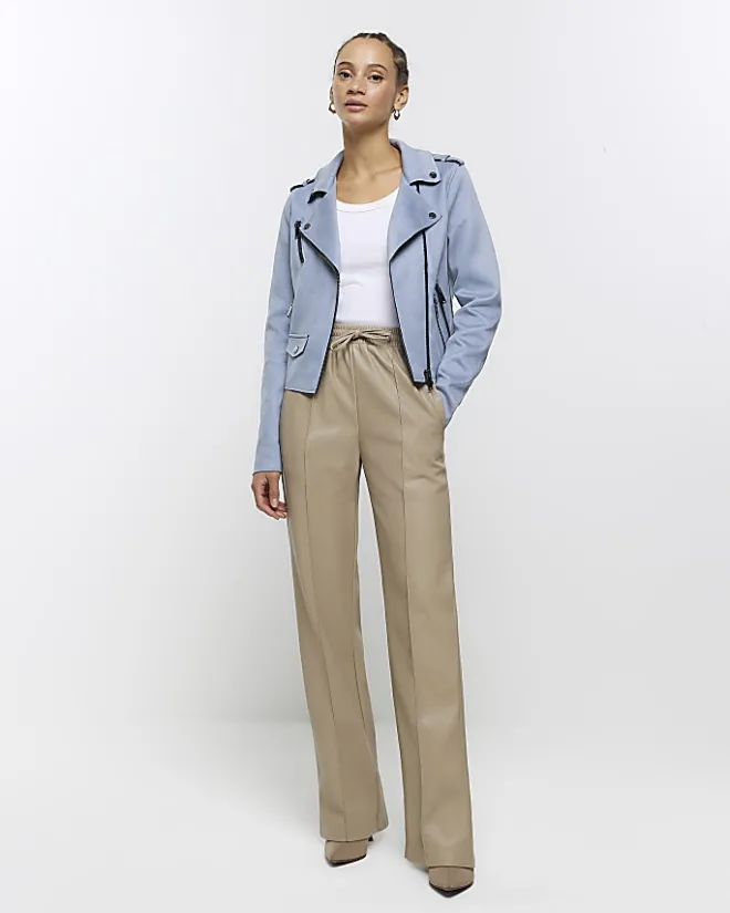 River Island suedette crop biker jacket Blue Fashion