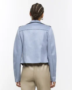 River Island suedette crop biker jacket Blue Fashion