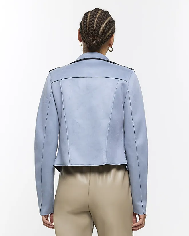 River Island suedette crop biker jacket Blue Fashion