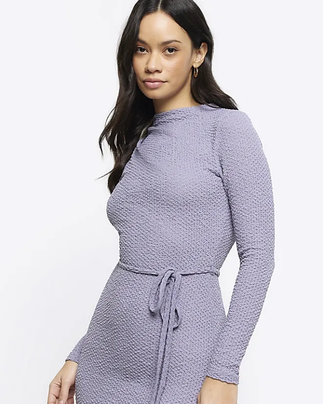 River Island textured belted bodycon midi dress Blue Fashion