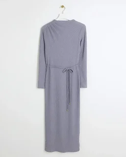 River Island textured belted bodycon midi dress Blue Fashion