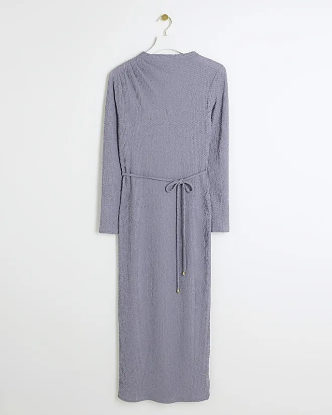 River Island textured belted bodycon midi dress Blue Fashion
