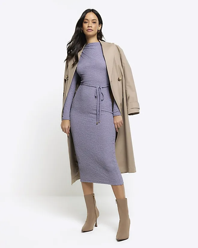 River Island textured belted bodycon midi dress Blue Fashion