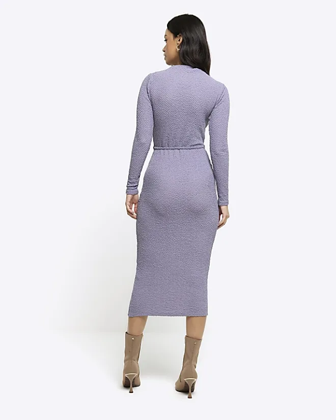 River Island textured belted bodycon midi dress Blue Fashion