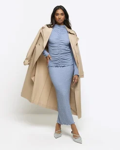 River Island textured ruched long sleeve top Blue Outlet