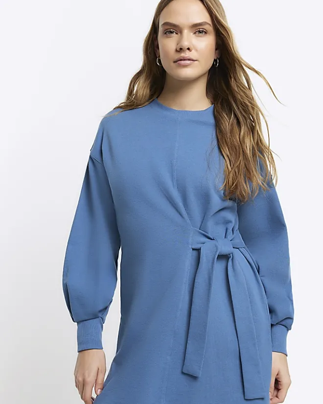 River Island tie side sweatshirt mini dress Blue Outlet