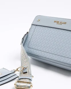 River Island weave boxy cross body bag Blue Outlet