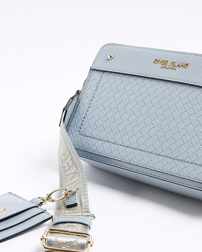 River Island weave boxy cross body bag Blue Outlet