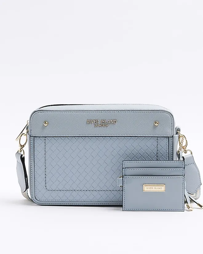 River Island weave boxy cross body bag Blue Outlet