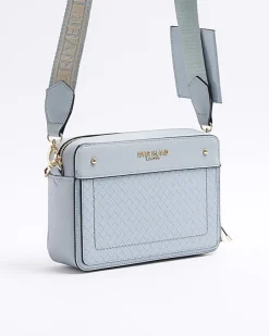 River Island weave boxy cross body bag Blue Outlet
