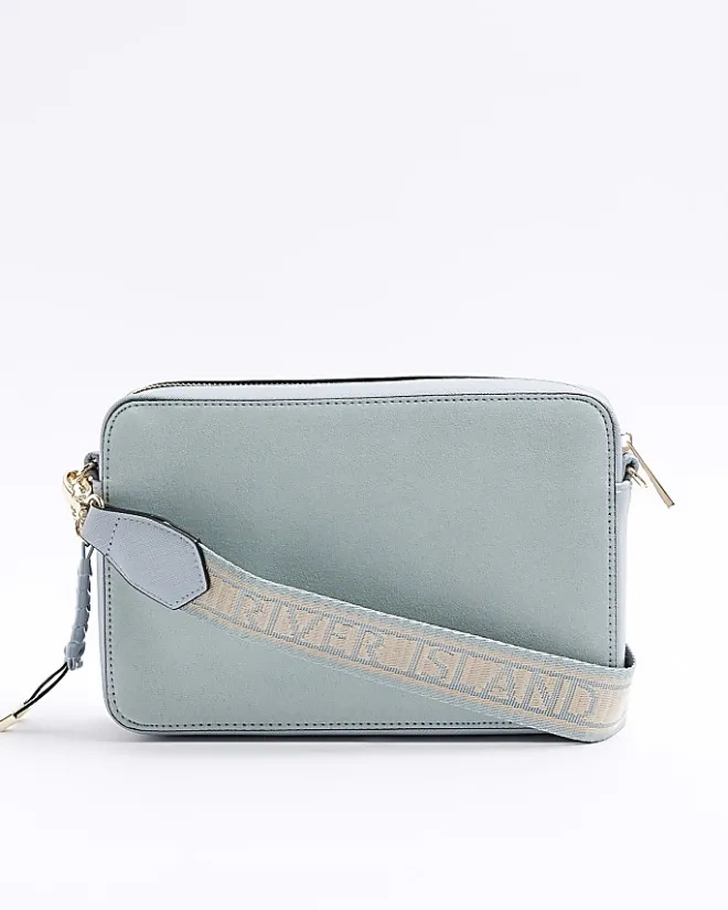 River Island weave boxy cross body bag Blue Outlet