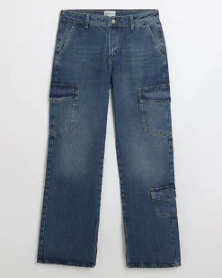 River Island wide leg cargo jeans Blue Clearance