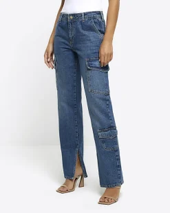 River Island wide leg cargo jeans Blue Clearance