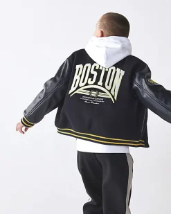 River Island Boys embroidered varsity bomber jacket Navy Fashion