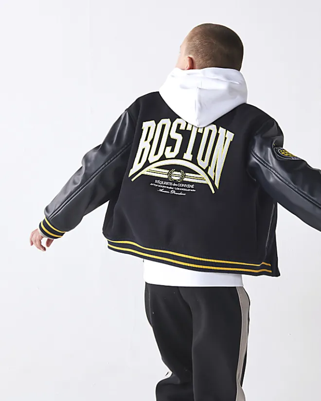 River Island Boys embroidered varsity bomber jacket Navy Fashion