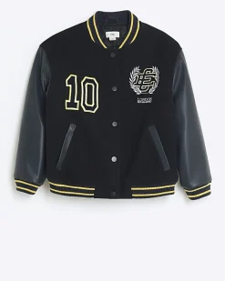 River Island Boys embroidered varsity bomber jacket Navy Fashion