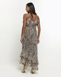 River Island animal print frill slip maxi dress Brown Fashion